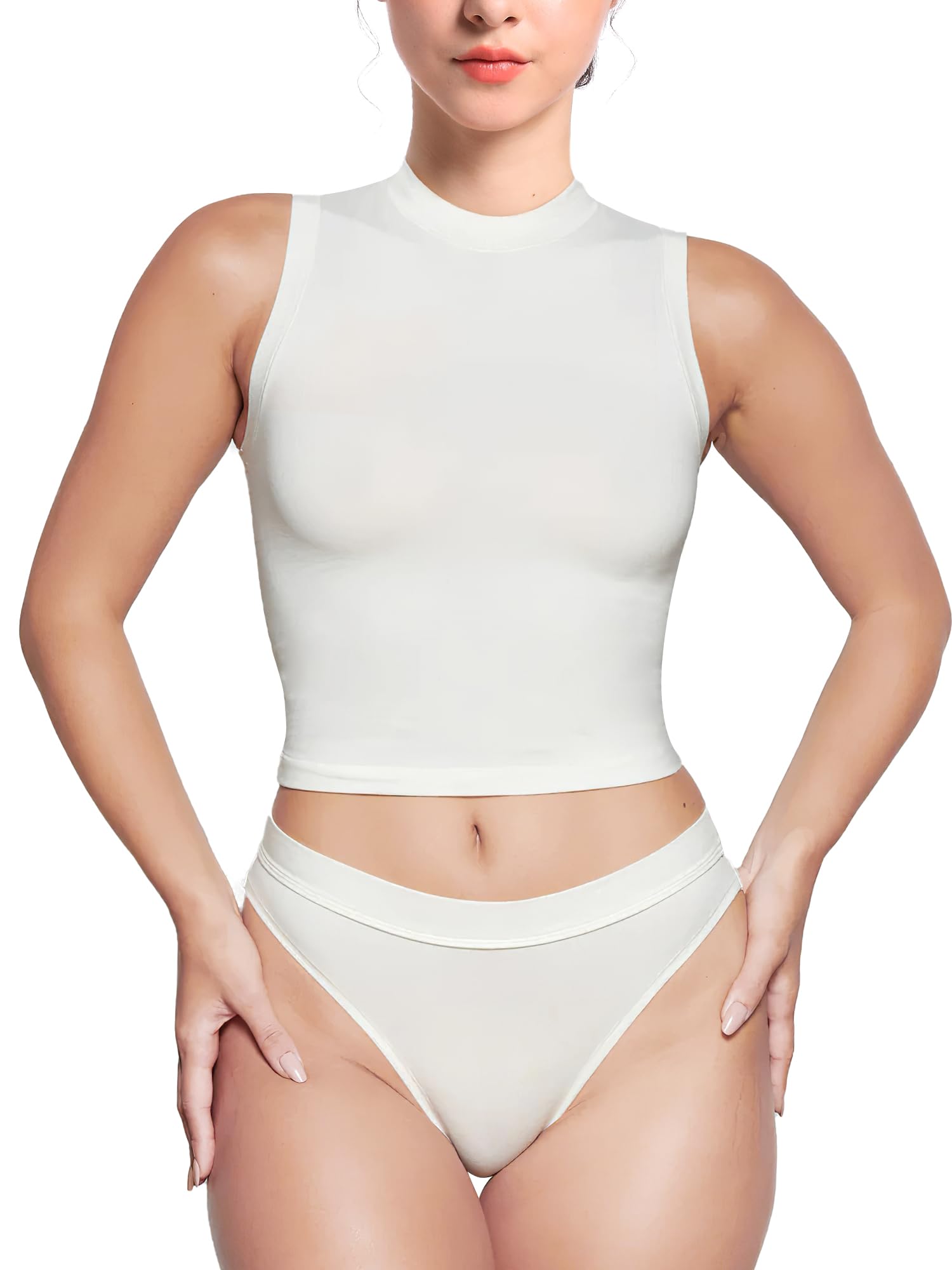 YIANNA Women's Sleeveless Tops Crew Neck Cotton Slim Fit T Shirts Basic Tee Sexy Going Out Crop Top