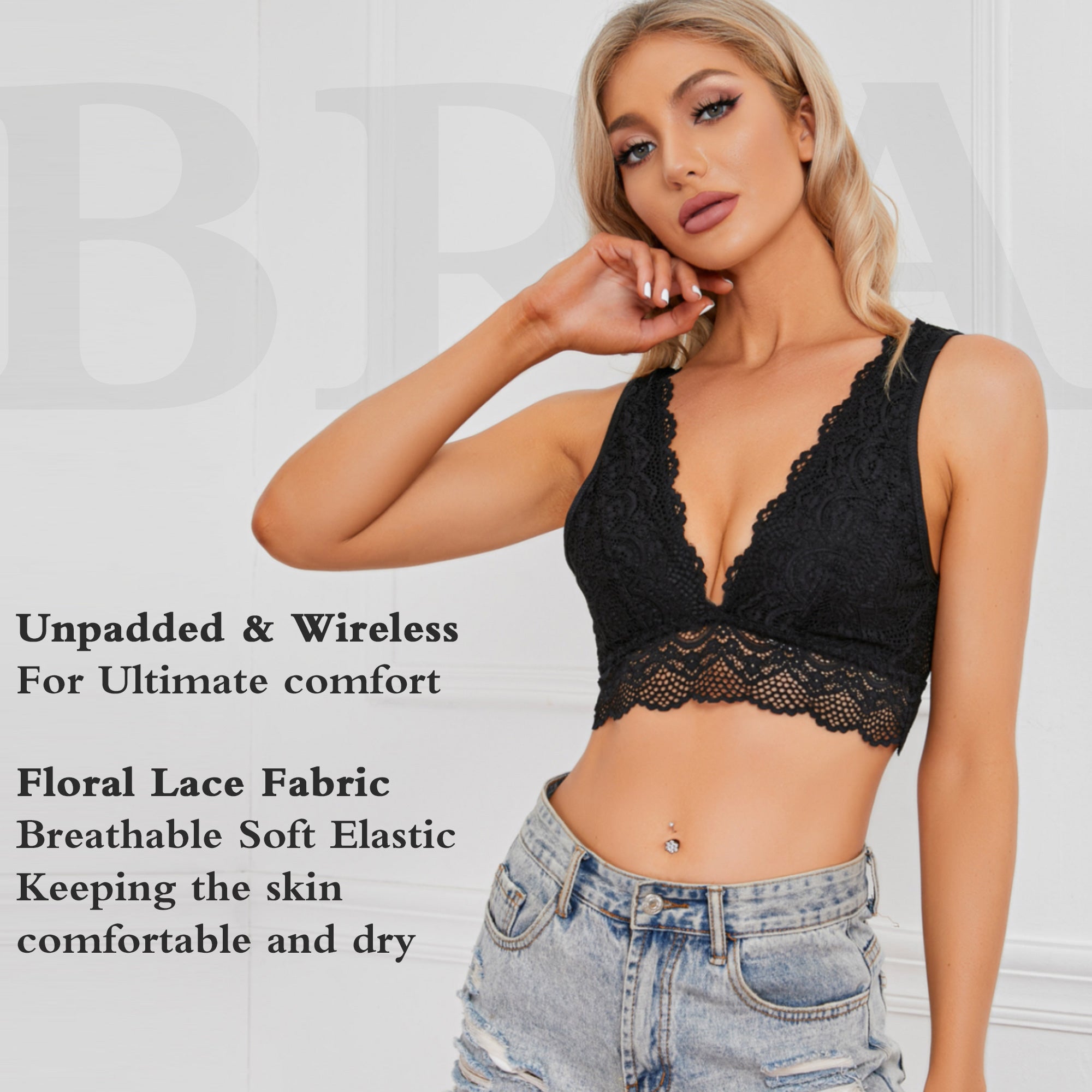 YIANNA Lace Bralette, Women's Deep V Neck Unpadded Lace Long Line Plunge Bralette Bra